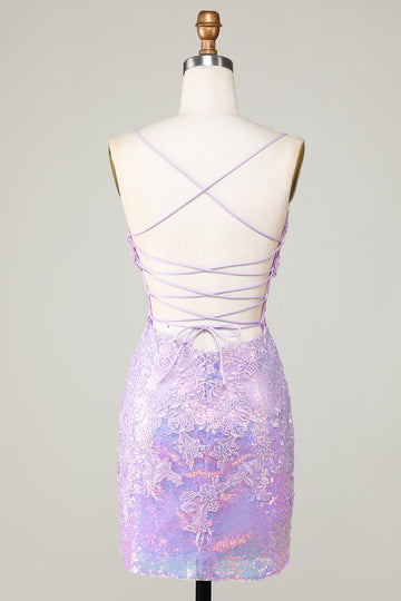 Bling Bodycon Spaghetti Straps Corsé púrpura Vestido de bienvenida con espalda entrecruzada